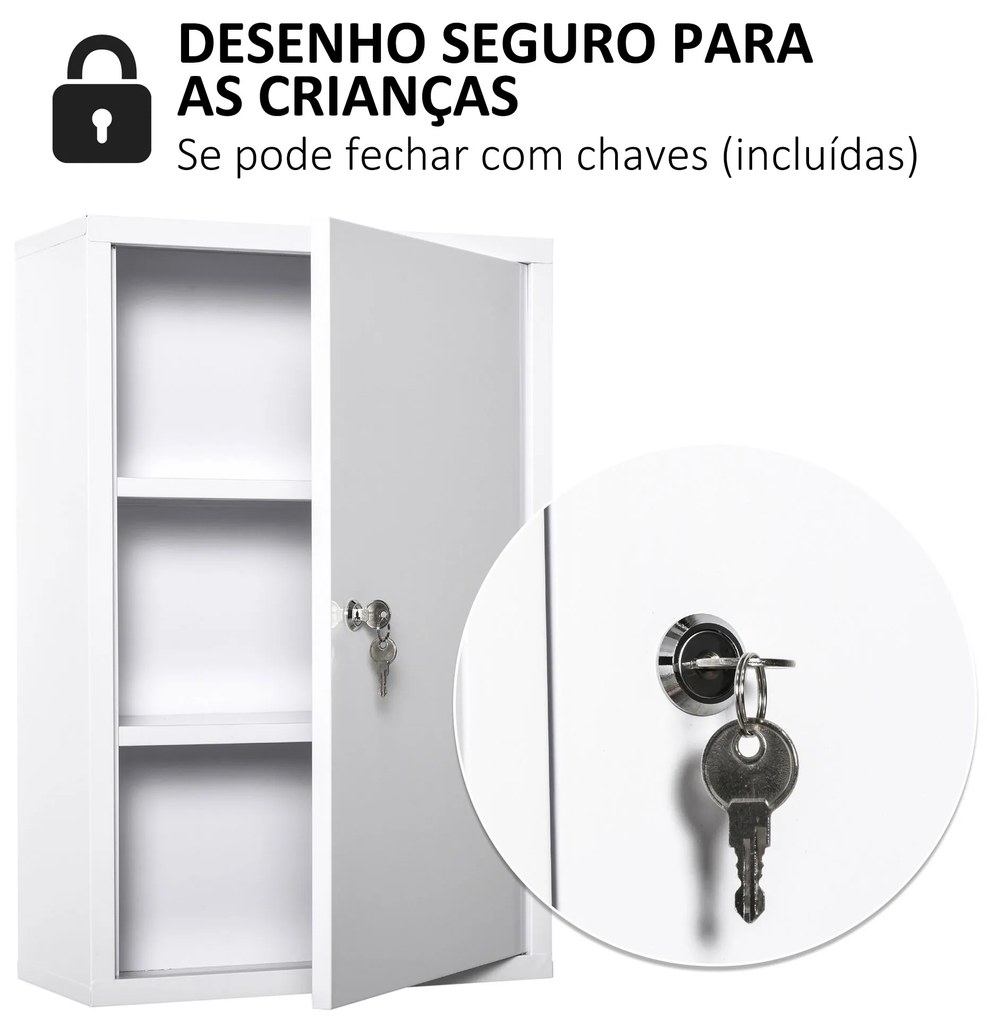 kleankin Armário Farmácia de Parede de Armário para Medicamentos de Metal com 3 Prateleiras de Armazenamento e Fechadura com 2 Chaves para Casa de Banho Cozinha 40x18x60cm Branco