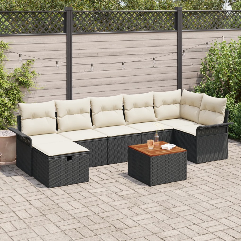 Conjunto de Sofá de Jardim de 8 Peças com Almofadas Preto Rattan Polié