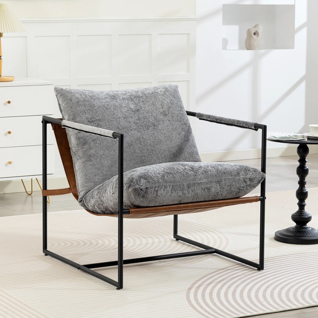Poltrona de sala, poltrona auxiliar estofada em veludo estampado, assento largo e estrutura em aço, 77x91x80 cm, cinzento