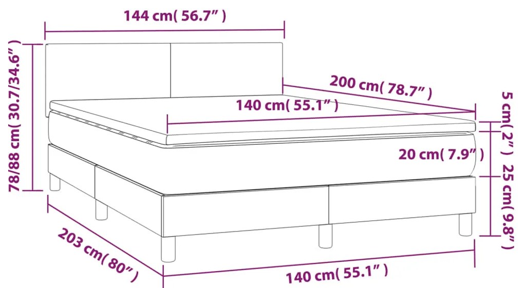 Cama box spring c/ colchão e LED 140x200 cm tecido cinza-escuro