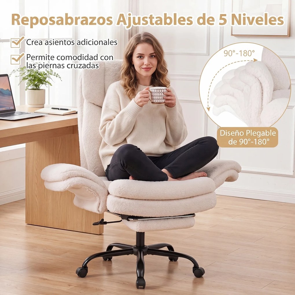 Cadeira de Escritório com Apoio para os Pés, 63-114 x 78 x 118-125 cm, Encosto Reclinável, Branco