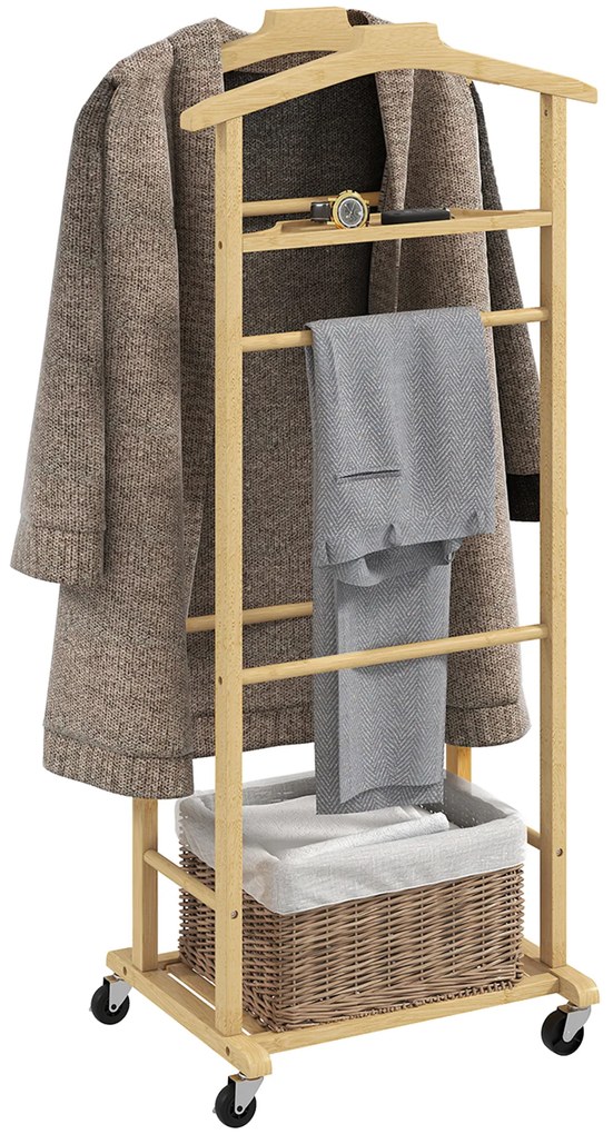 Cabide de Pé de Bambu Cabide com Rodas Suportes para Roupas Barras para Calças Bandeja e Sapateira  47x33,7x105,5 cm Madeira