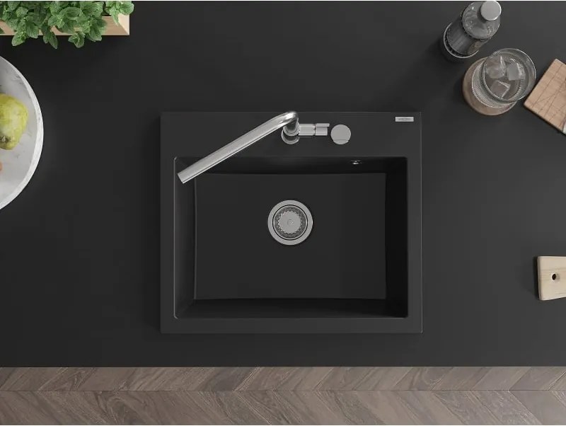 Mexen Oscar lava-loiça de granito 1-cuba 580 x 490 mm, preto, sifão cromado - 6519581000-77