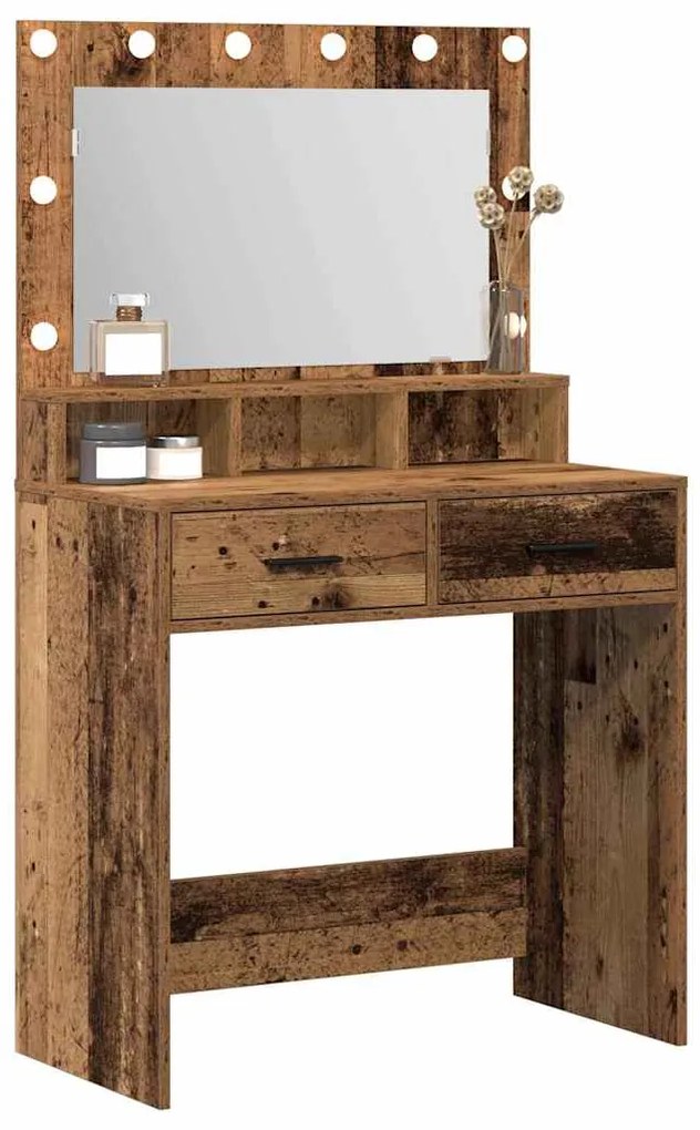 Mesa de Maquilhagem com Luzes LED em Madeira Antiga 79x41x135 cm