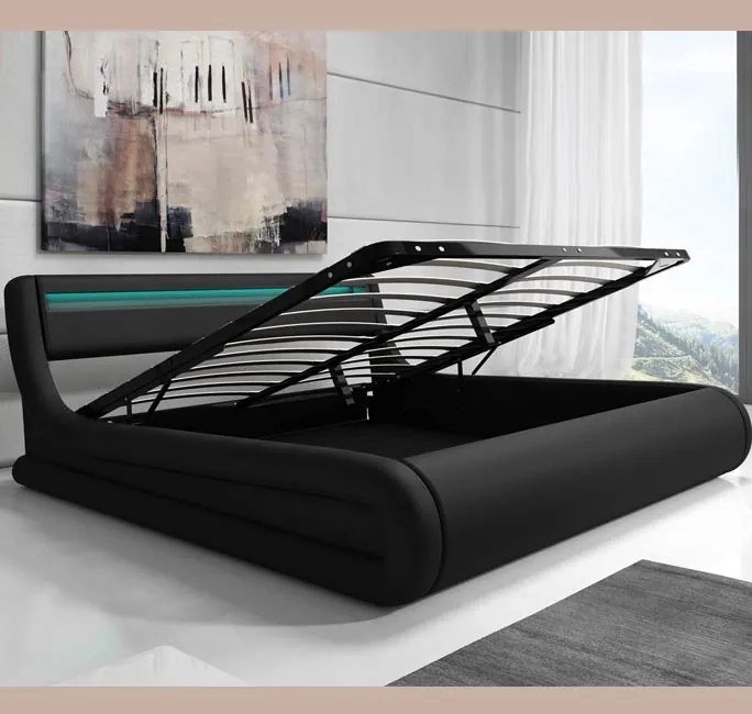 Cama Hidráulica com Arrumação "Riana" - 150x190 cm - Preto - Polipele