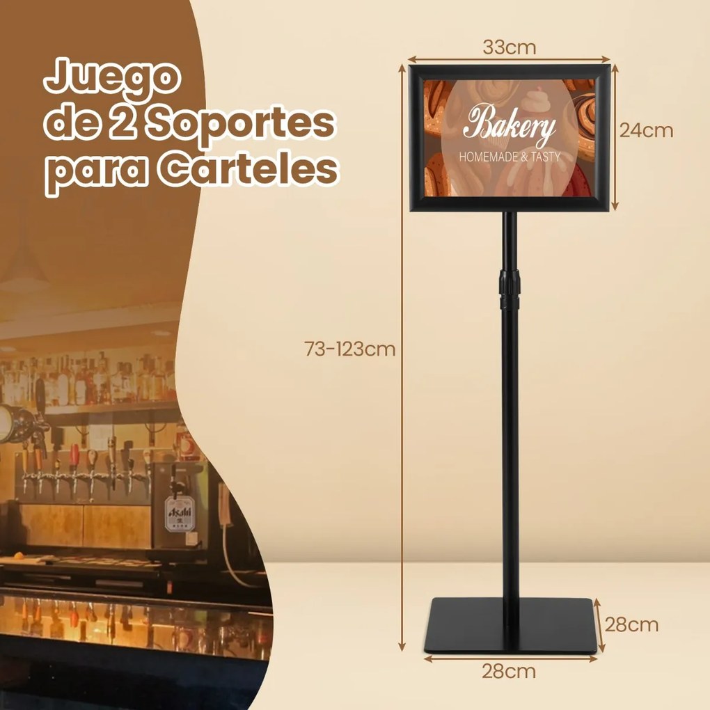 Conjunto 2 Suportes para cartazes de alta resistência de pé para interiores e exteriores com base e rotação Preto