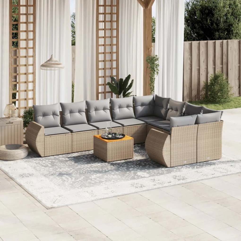 10 pcs conjunto de sofás p/ jardim com almofadões vime PE bege