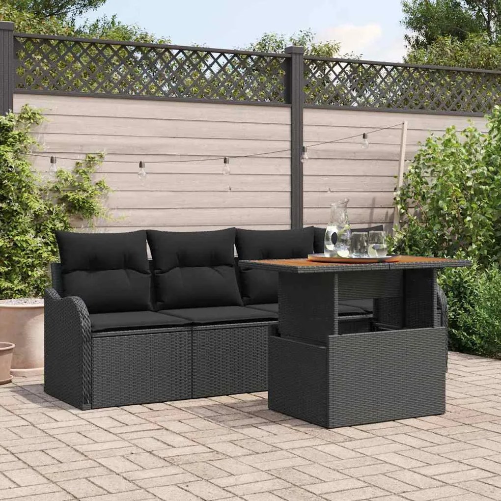 vidaXL Conjunto de Sofá de Jardim 5 Peças com Almofadas Pretas em Rattan e Acácia.