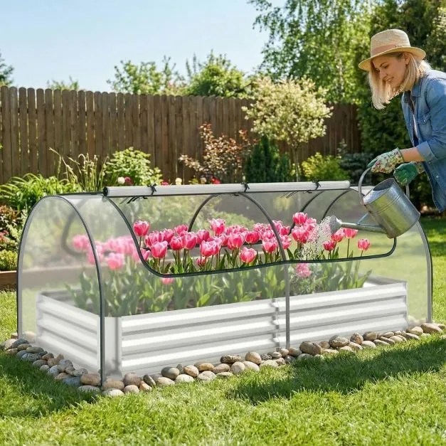 Mini estufa elevada galvanizada para jardim 202 x 101 x 81 cm com cobertura tipo mini-estufa e 2 portas enroláveis para ervas, vegetais e frutas Trans