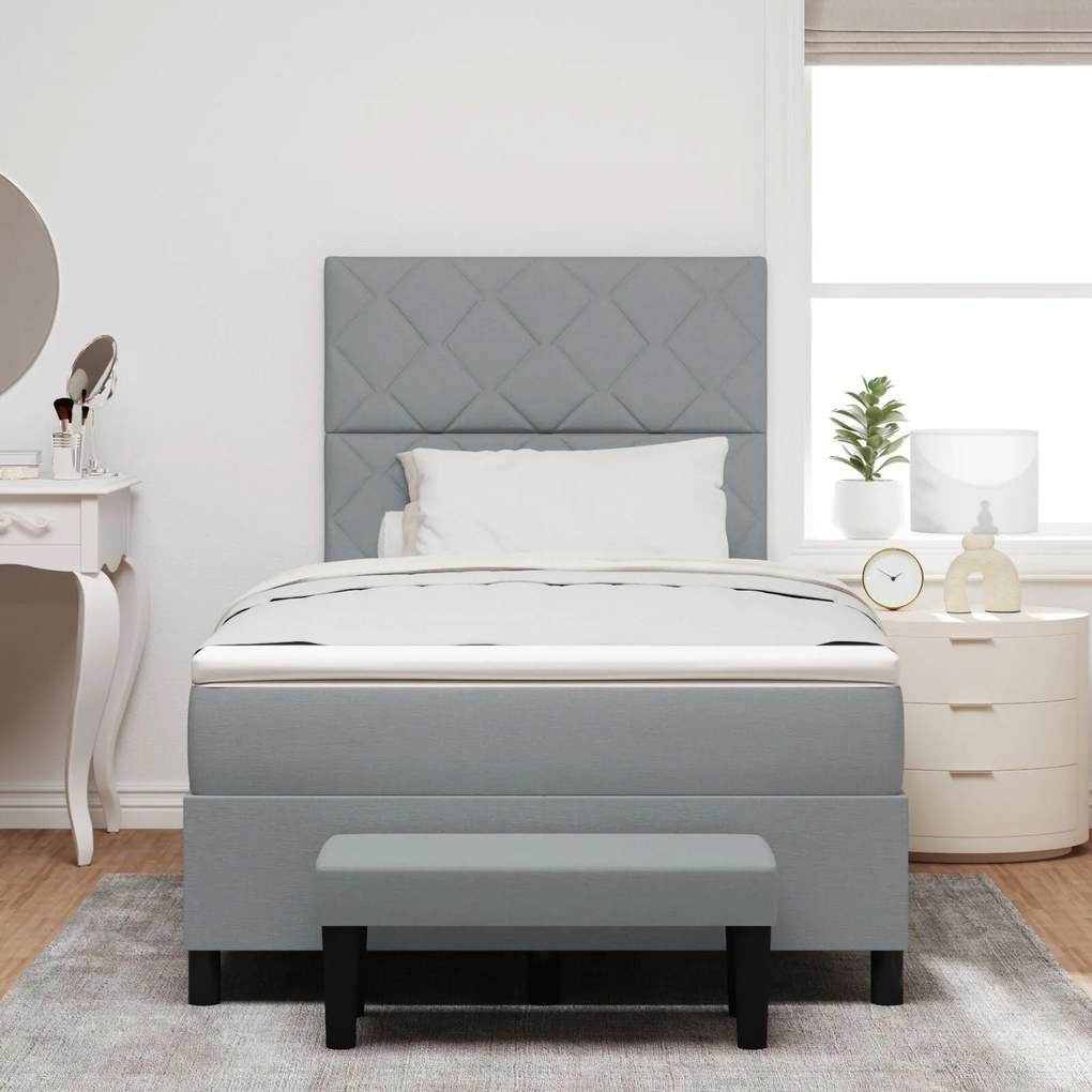 Cama Box Spring com Colchão e Banco Cinza Claro 120x190 cm Tecido