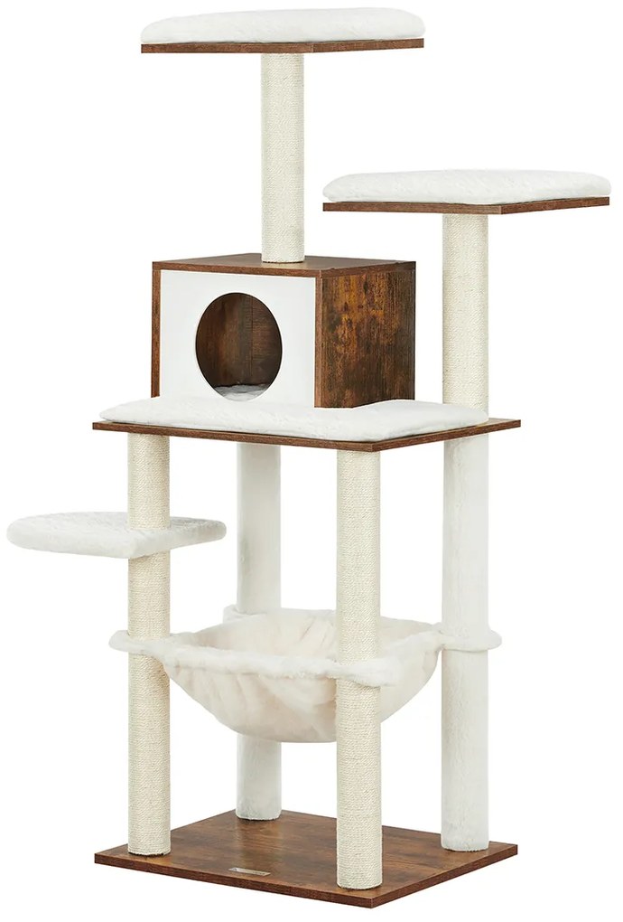 Arranhador para gatos FEANDREA 138 cm, móvel moderno para gatos, arranhador para gatos com vários níveis, caverna fofinha, postes de sisal, plataformas de rede, almofadas macias e laváveis, marrom vintage PCT164X01