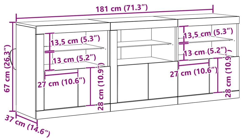 Aparador com Luzes LED Madeira Envelhecida 181.5x37x67 cm Madeira de E