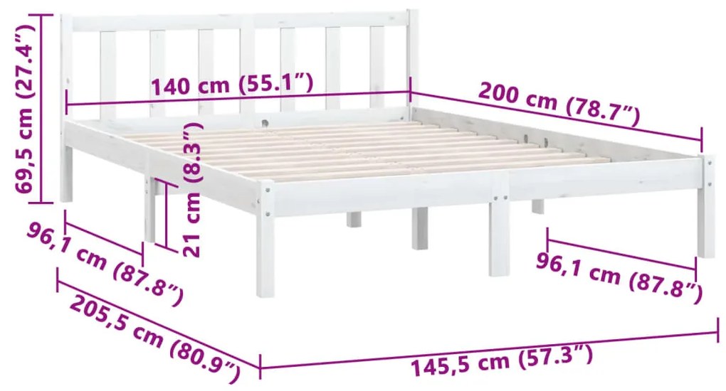 Estrutura de cama 140x200 cm pinho maciço branco