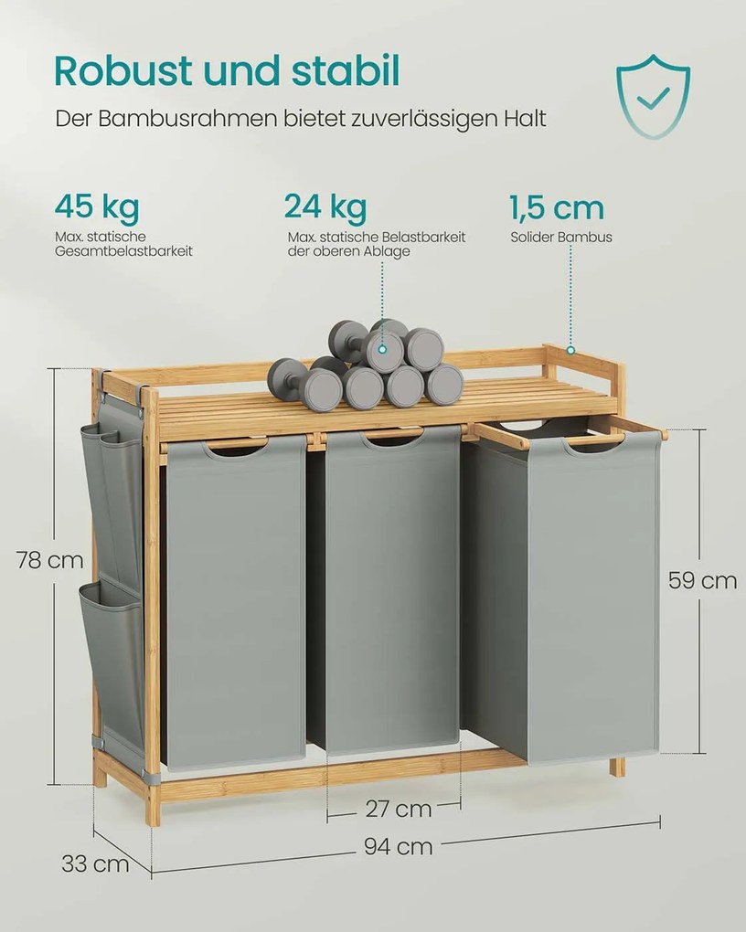 Cesto para roupa suja 150 litros 3 compartimentos 3 x 50 L 94 x 33 x 78 cm Cinzento