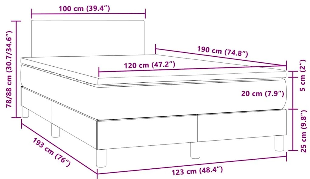 Cama box spring colchão LED 120x190cm couro artif. azul-escuro