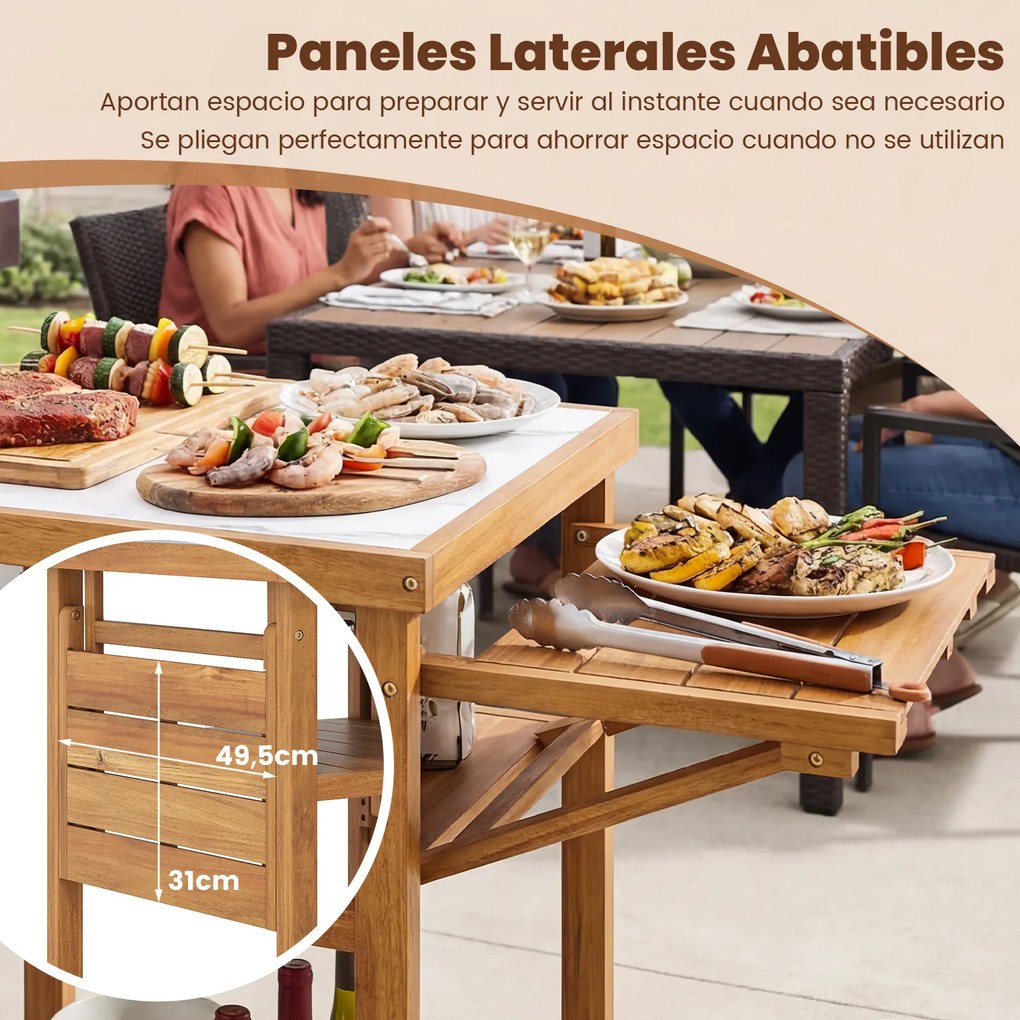 Mesa jardim de churrasco 124,5 x 60 x 89,5 cm em madeira de acácia com tabuleiros laterais dobráveis e estantes de arrumação para festas de churrasco