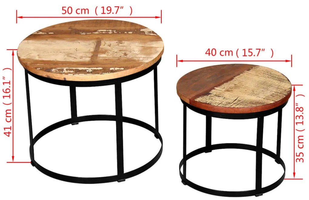 Conjunto mesa centro redonda madeira reciclada 2 pcs 40cm/50cm