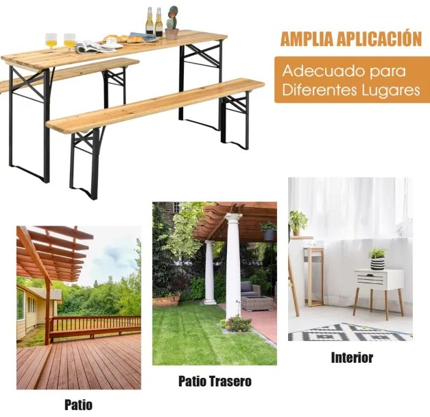 Conjunto de mesa de piquenique e banco de 3 peças, mesa de cerveja dupla com estrutura de aço de 2 assentos para jardim externo natural