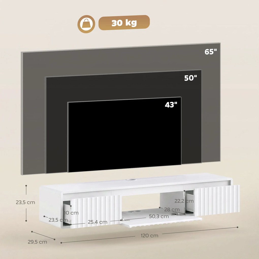 Móvel de TV Suspenso, 120 x 29,5 x 23,5 cm, Iluminação LED, Branco