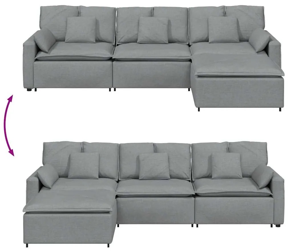 Sofá modular com pufes e almofadas cinzento-claro