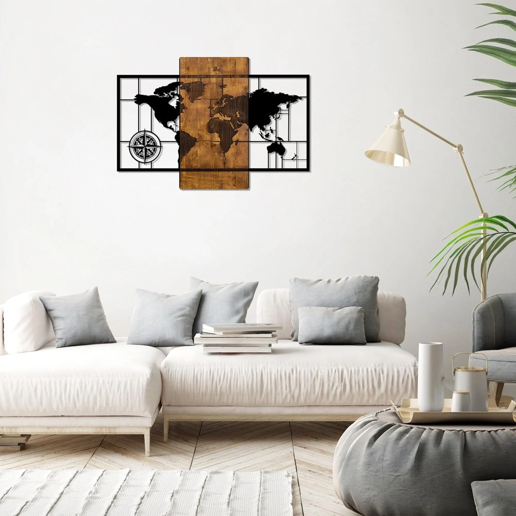 Acessório Decorativo de Parede World Map With Compass – Nogueira e Pre
