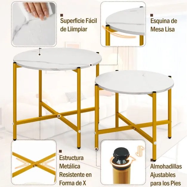 Conjunto de 2 mesas de centro redondas com tampo em imitação de mármore brancas