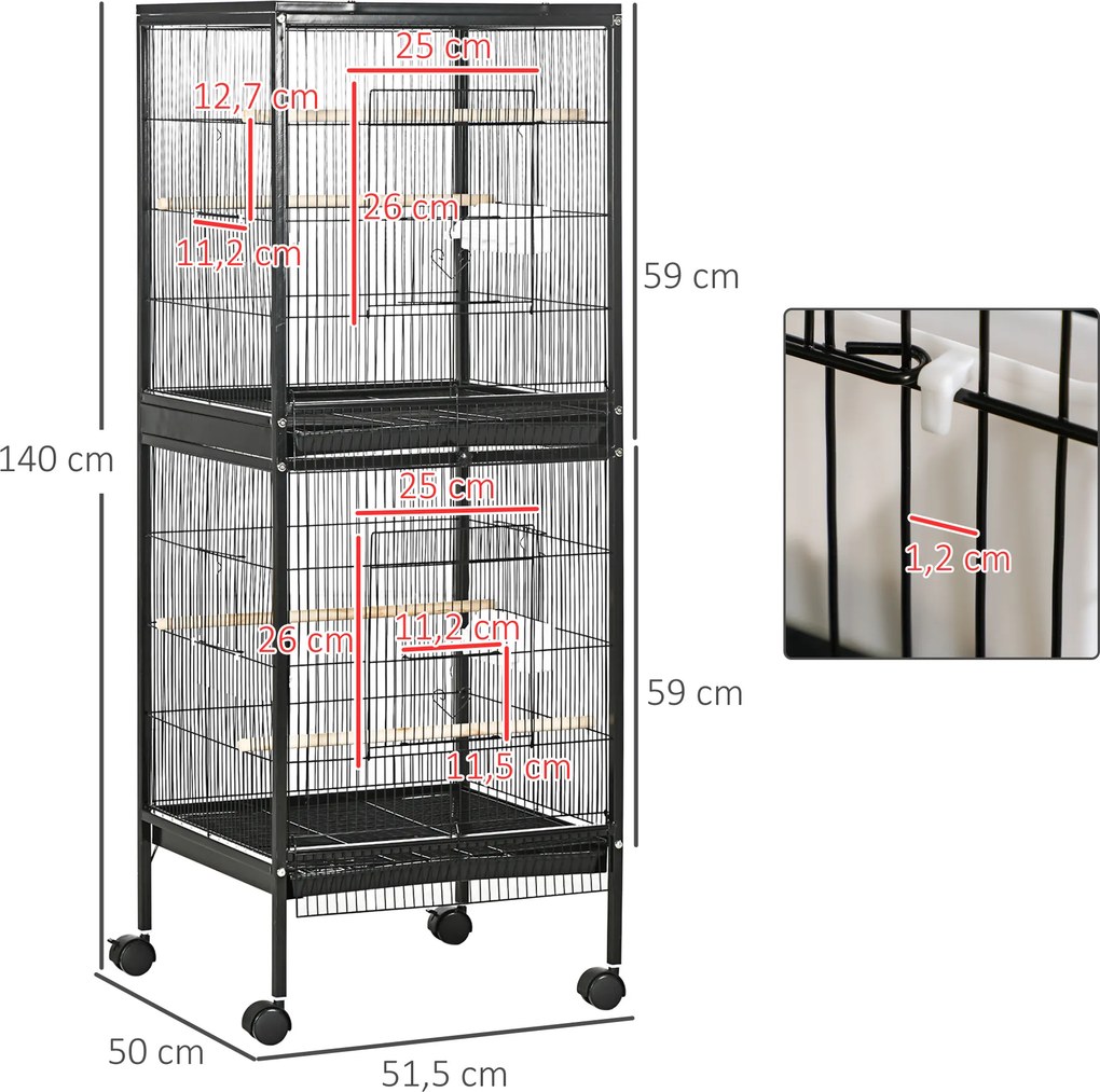 Gaiola para Pássaros com Rodas de 2 Níveis  com Bandejas Removíveis Portas Comedouros Poleiros 51,5x50x140 cm Preto