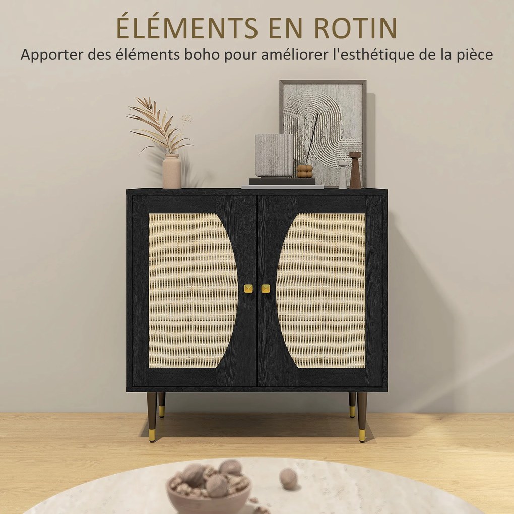 Aparador de cozinha com design boémio, duas portas e dois níveis, frente em rattan, 80 x 38 x 79 cm, preto