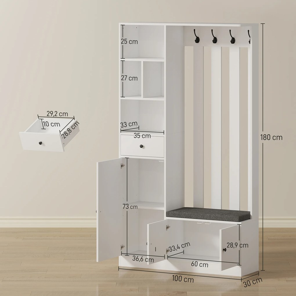 Móvel de entrada 4 em 1 100 x 30 x 180 cm, guarda-roupa de entrada com banco com espaço de arrumação, prateleira ajustável, 4 ganchos, branco