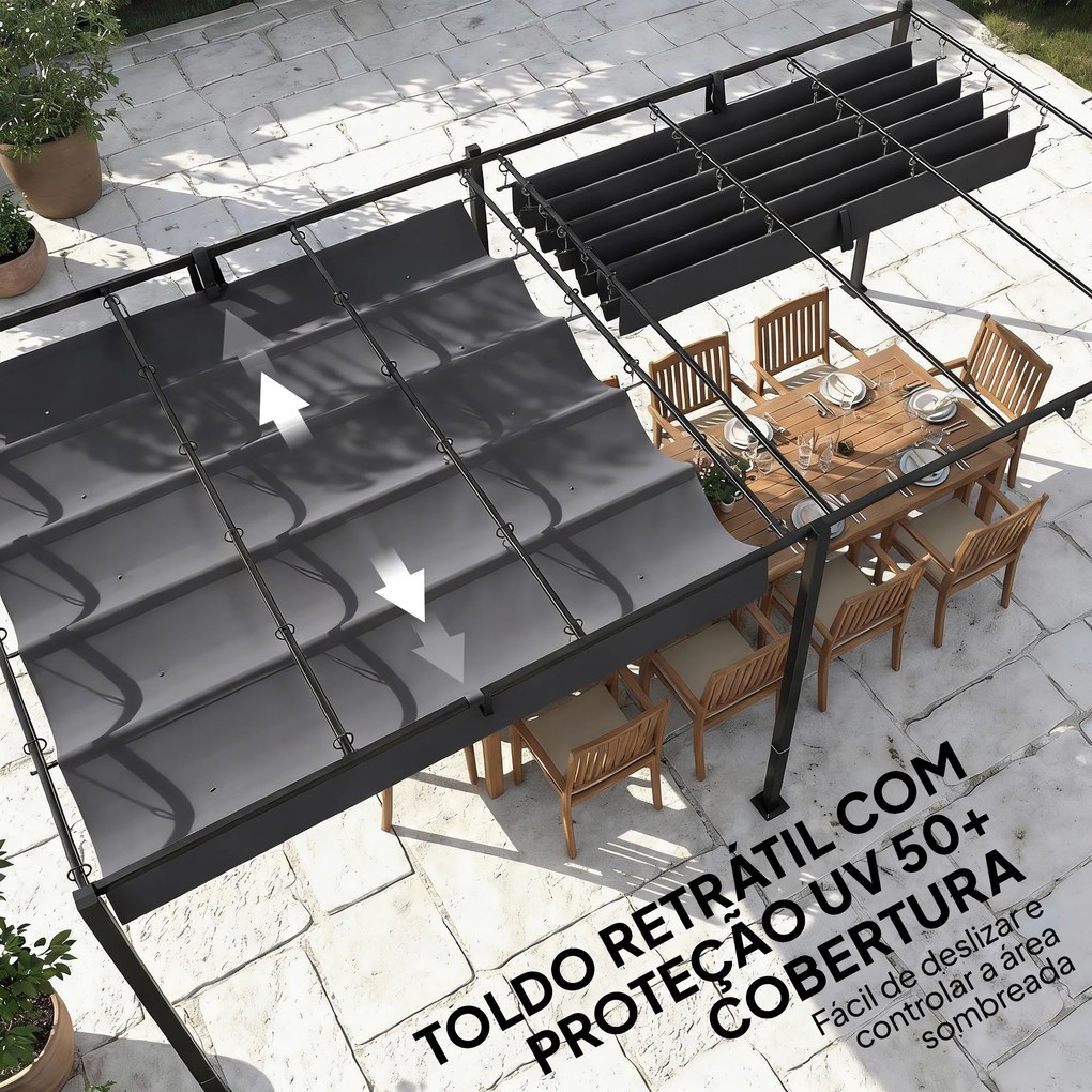 Pérgola de Jardim 6x3 m com Telhado Retrátil Proteção UPF50+ Drenagem Pavilhão de Jardim para Pátio Exterior Cinzento Escuro