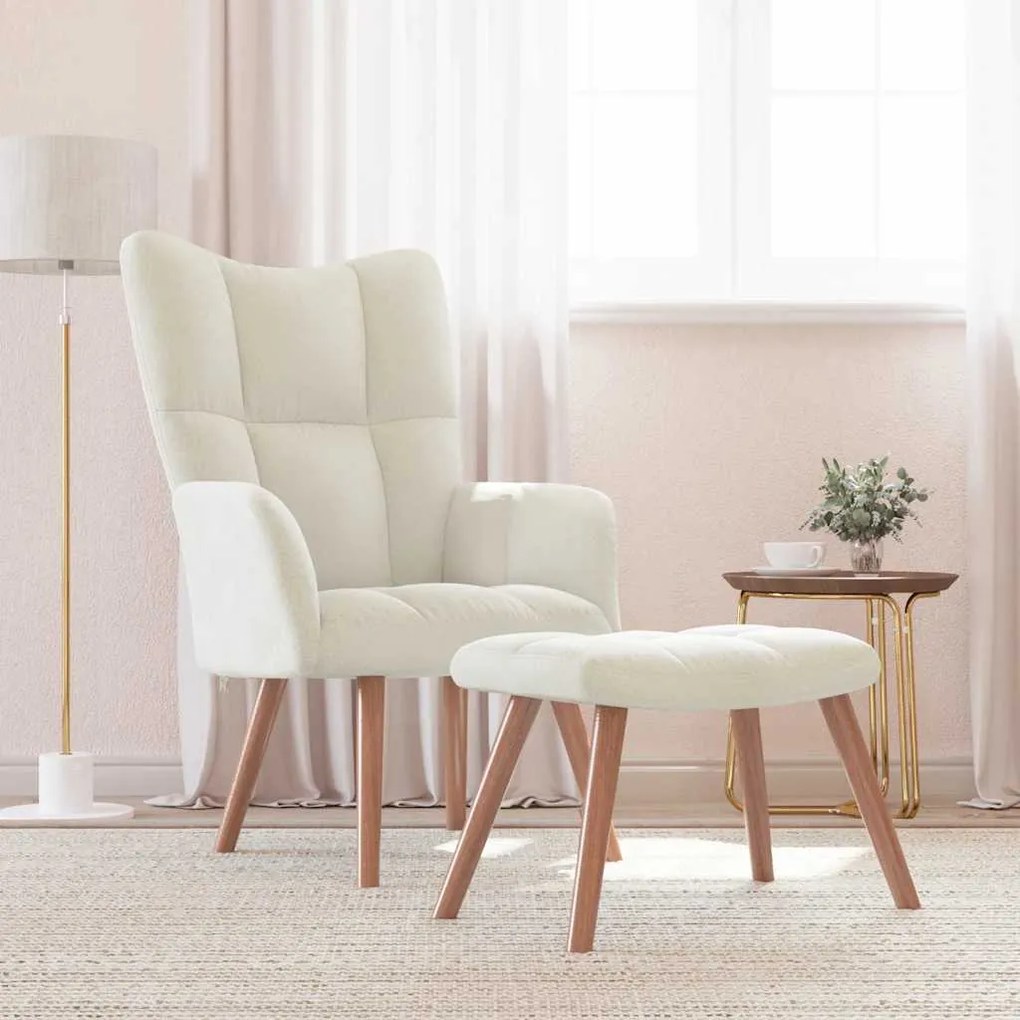 vidaXL Cadeira de descanso com banco veludo branco nata