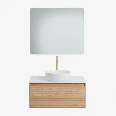 Conjunto De Móvel De Casa De Banho Suspenso 80x50 Cm Em Madeira De Freixo Tedrik Castanho Fresno & Cerâmica Redonda Branca Ø40 Cm - Sklum