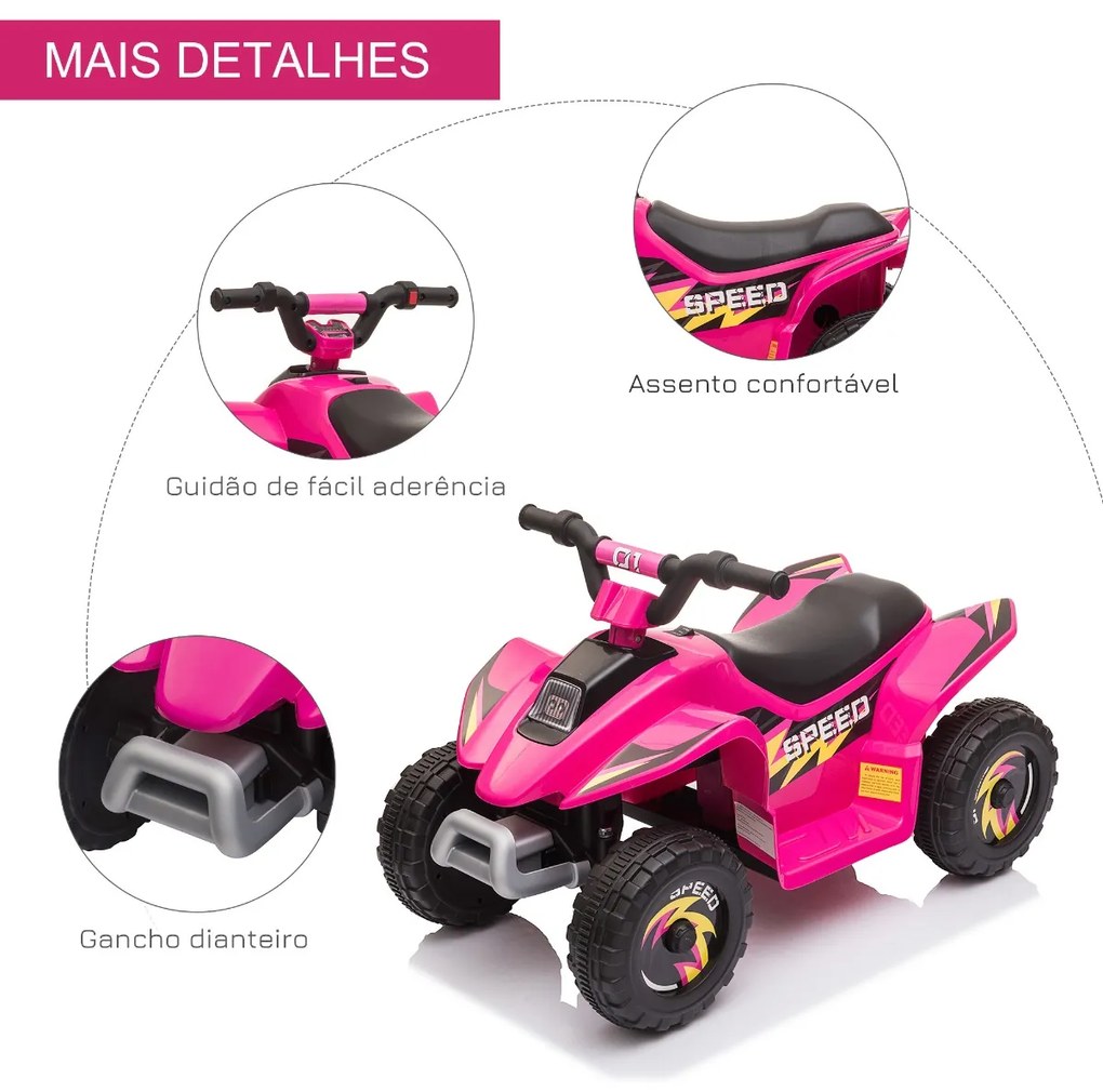Moto 4 Elétrico para Crianças de 18-36 Meses Quadriciclo a Bateria 6V com Avance e Retrocesso 72x40x45,5cm Rosa