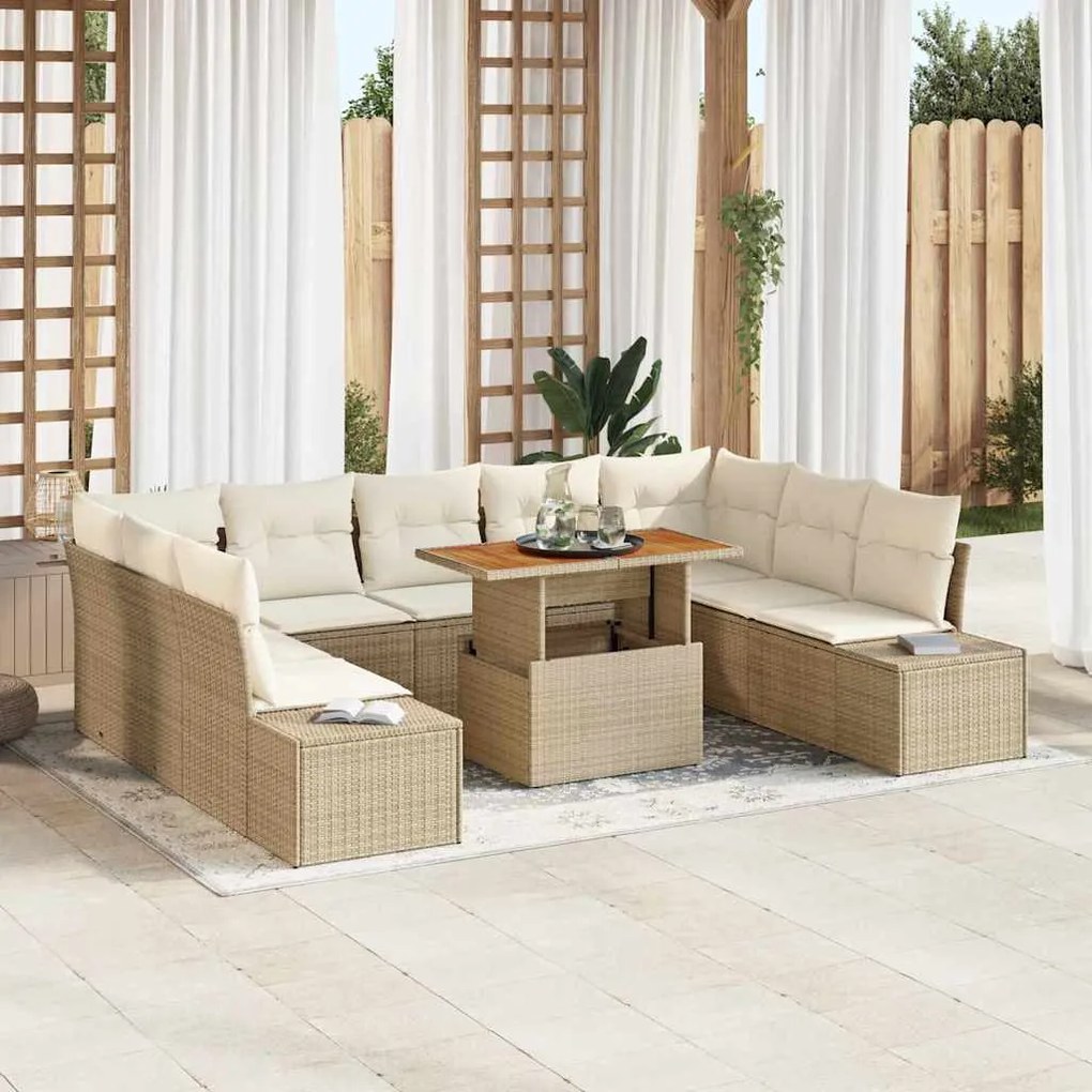 vidaXL Conjunto de Jantar de Jardim de 10 Peças com Almofadas em Rattan Poli Bege e Acácia