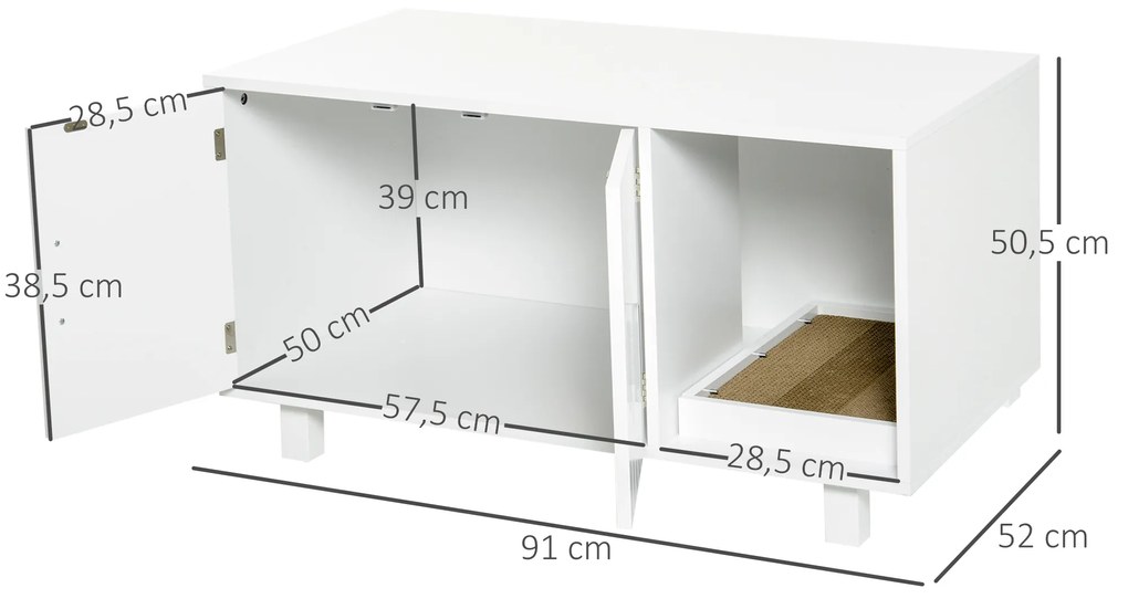 Móvel Caixa de Areia para Gatos com Porta com Arranhador Caixa de Areia para Gatos de Interior 91x52x50,5 cm Branco