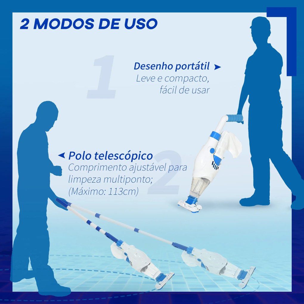Outsunny Aspirador Limpador para Piscina Elétrico Autonomia de 45 Minutos com Poste Telescópico 54-113cm Escova e Bolsa de Malha para Piscinas Spas 161x20x17cm Azul e Branco