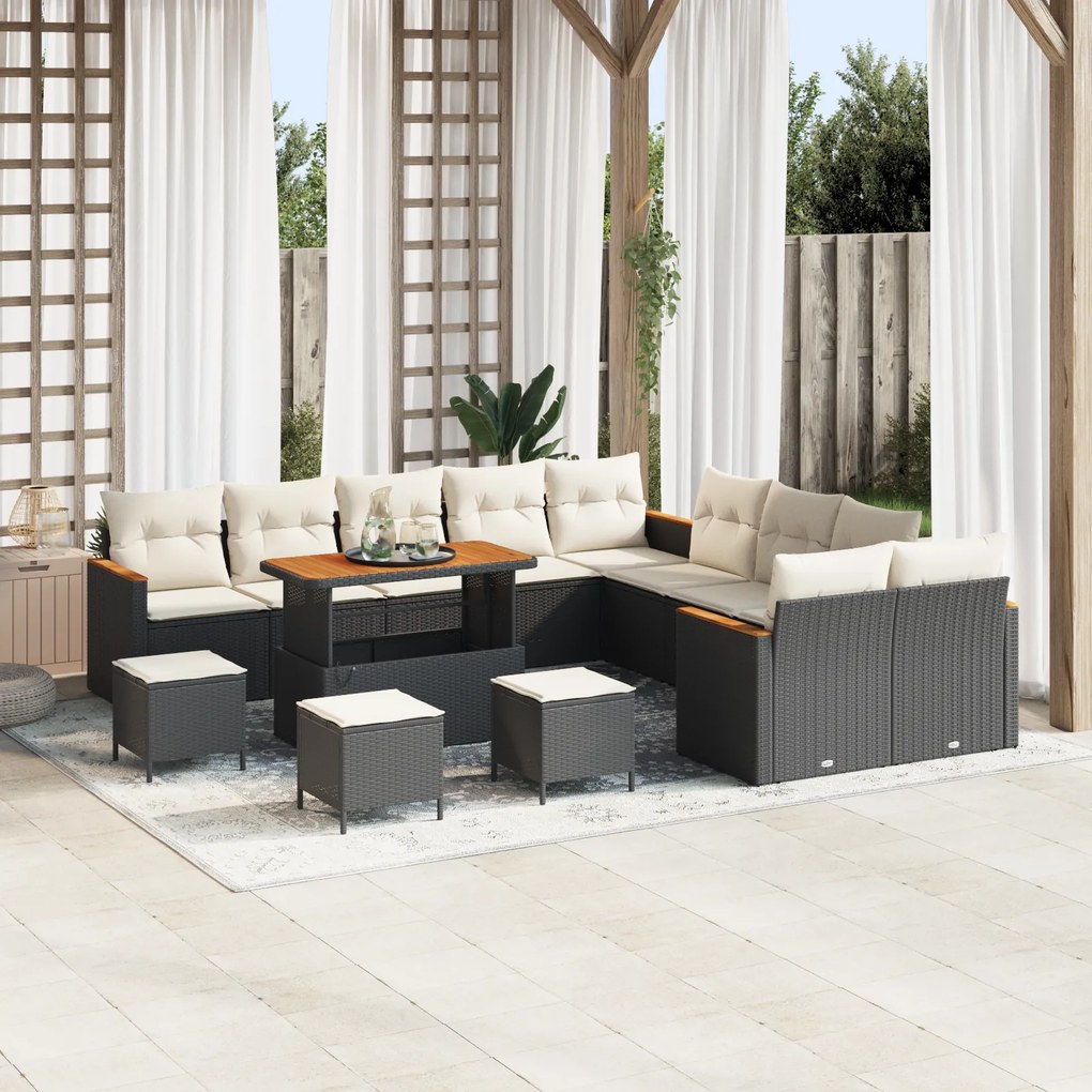 Conjunto de Sofá de Jardim de 14 Peças com Almofadas Preto Vime PE Acácia