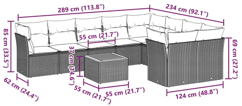 10 pcs conjunto sofás p/ jardim c/ almofadões vime PE cinzento