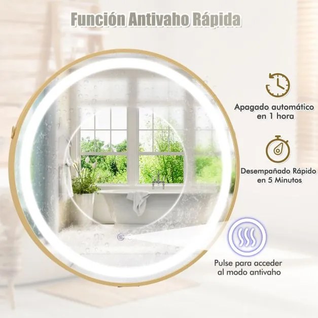 Espelho de parede casa de banho 60 x 60 cm com fita para pendurar Luz LED de 3 cores Função de memória