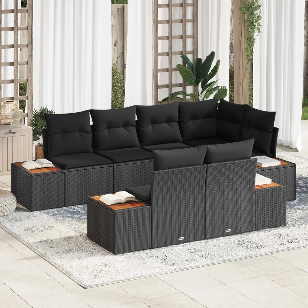 vidaXL Conjunto de Sofá de Jardim com almofada 7 pcs Preto Polirattan