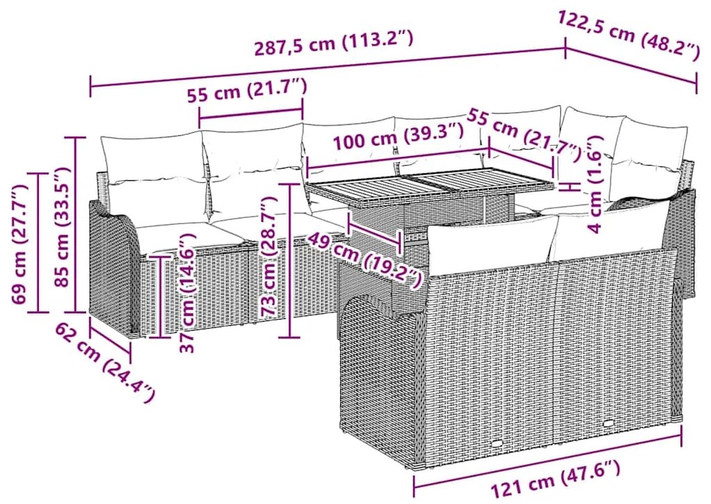 Conjunto de Sofá de Jardim 9 Peças com Almofadas Bege em Rattan Sintét