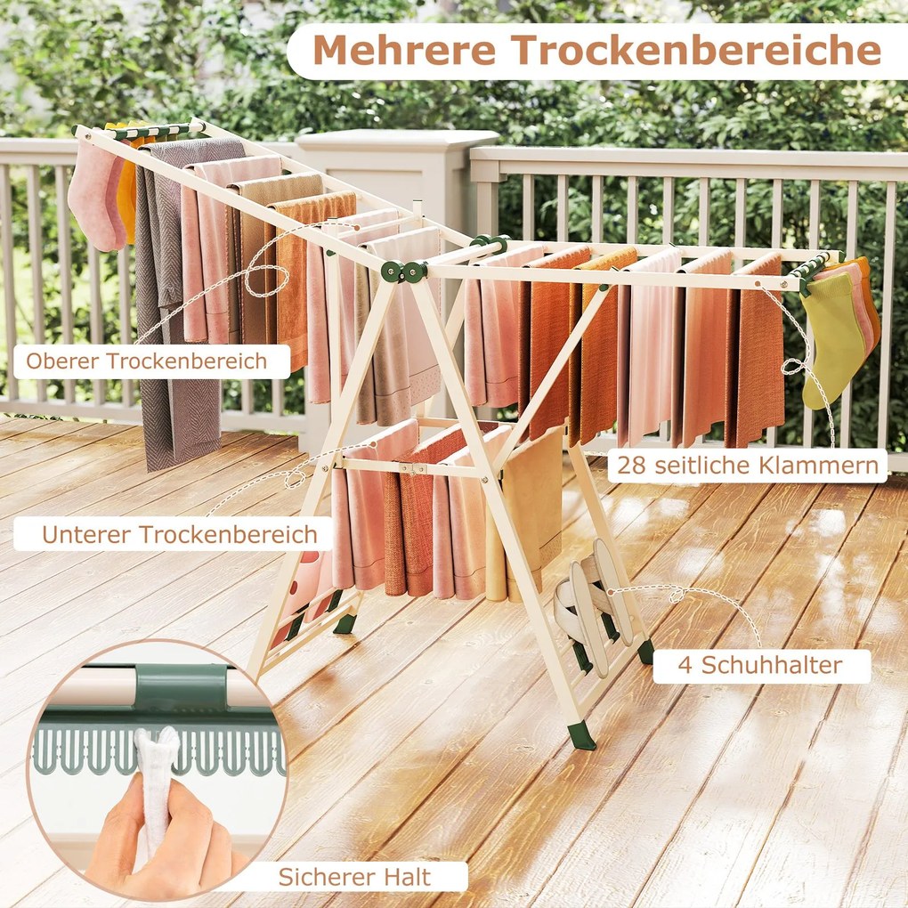 Estendal dobrável com braços ajustáveis 163 x 56 x 99–158 cm, pinças para meias e prateleira para sapatos, secador de roupa extensível bege