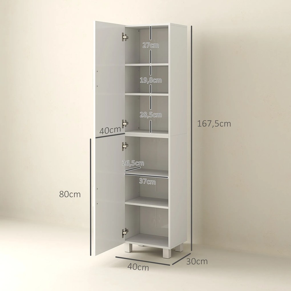 Armário alto de casa de banho, móvel de arrumação em coluna com 2 portas e prateleiras ajustáveis, 40 x 30 x 167,5 cm, branco
