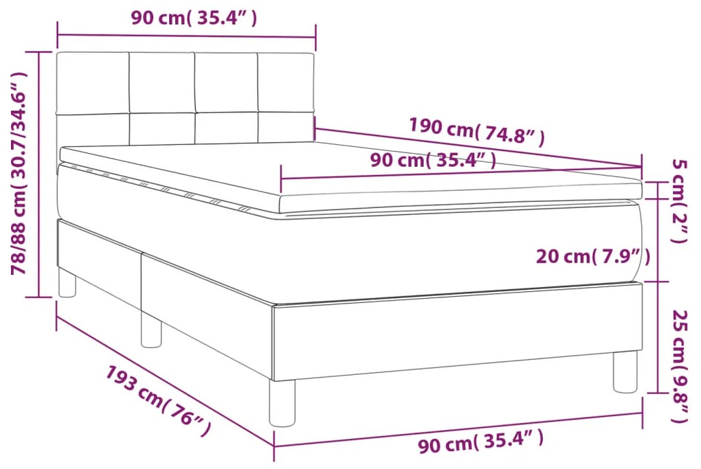 Cama box spring c/ colchão e LED 90x190 cm tecido cor creme