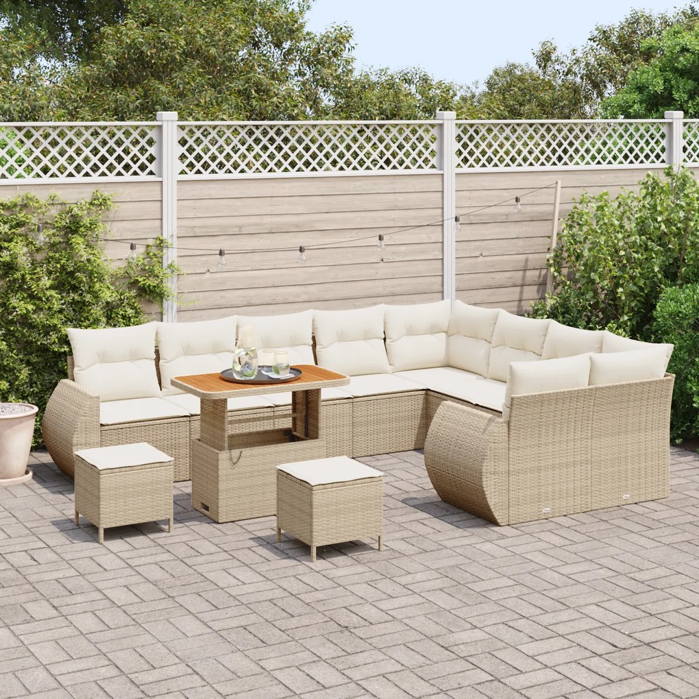 Conjunto de Sofás de Jardim de 12 Peças com Almofadas Bege Vime Poliés