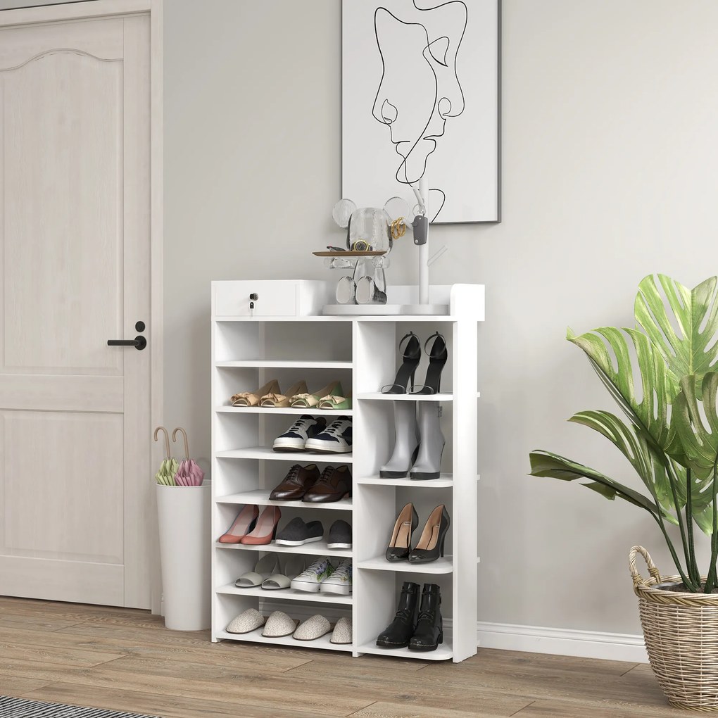 HOMCOM Sapateira de Madeira Móvel para Sapatos com 11 Prateleiras Abertas para 18 Pares de Sapatos e Armário com Fechadura para Corredor Entrada 80x27x112 cm Branco