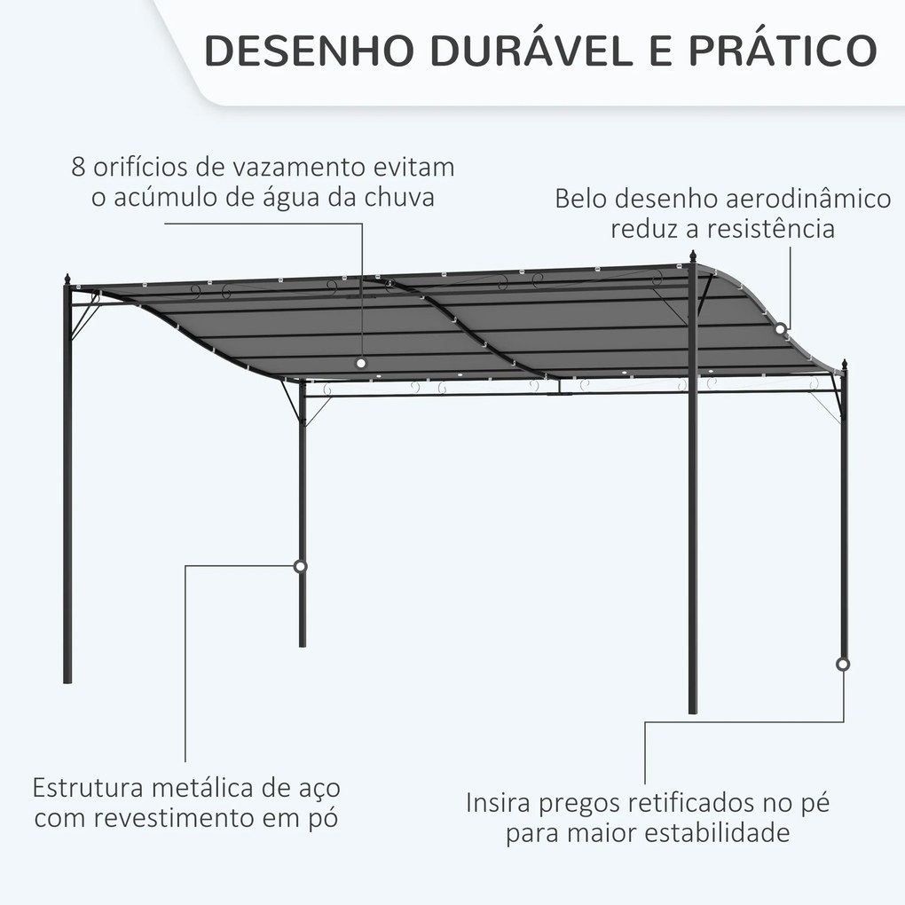 Outsunny Pérgola de Jardim 4x3m Pérgola com Toldo e 4 Orifícios de Drenagem para Pátio Terraço Metal e Poliéster 180 g/m² Resistente Cinza