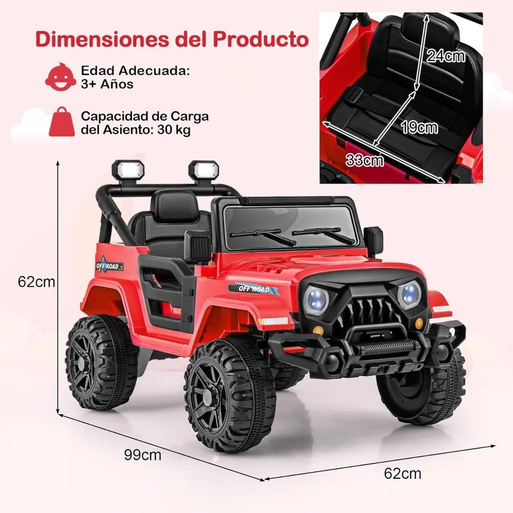 Carro elétrico para crianças de 12 V com 3 velocidades, música e luzes LED 99 x 62 x 62 cm vermelho