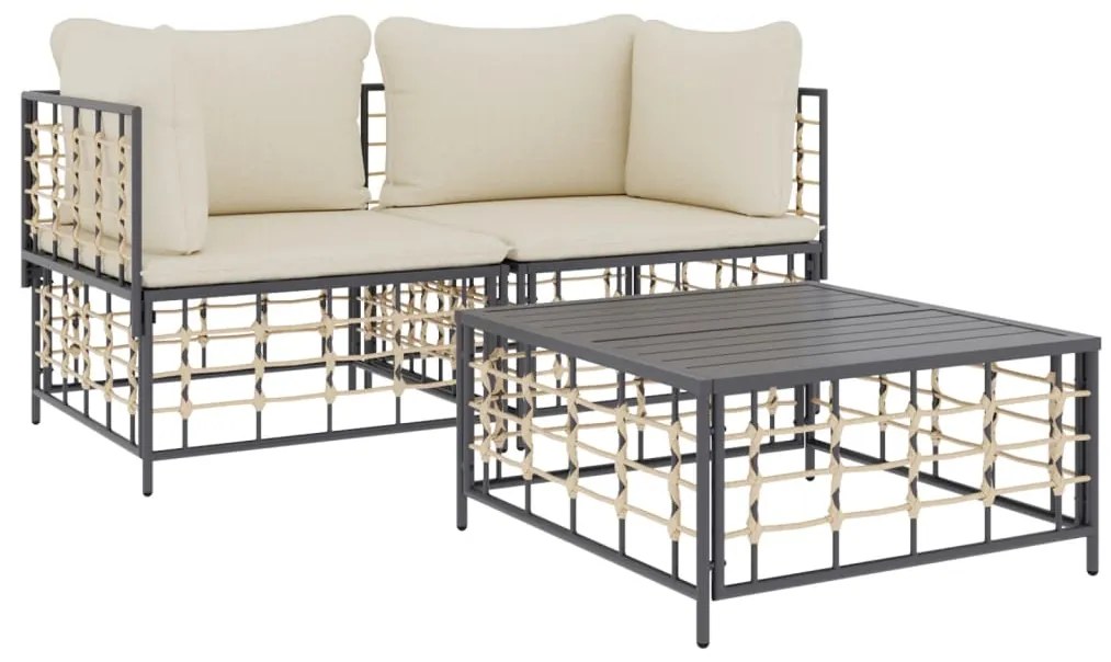 3 pcs conjunto lounge de jardim c/ almofadões vime PE antracite