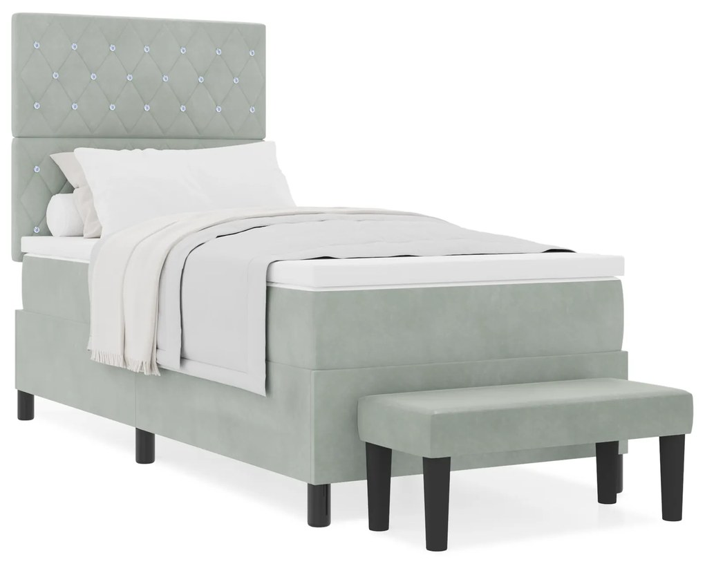 Cama Box Spring com Colchão & Banco Cinzento-Claro 90x190 cm Veludo